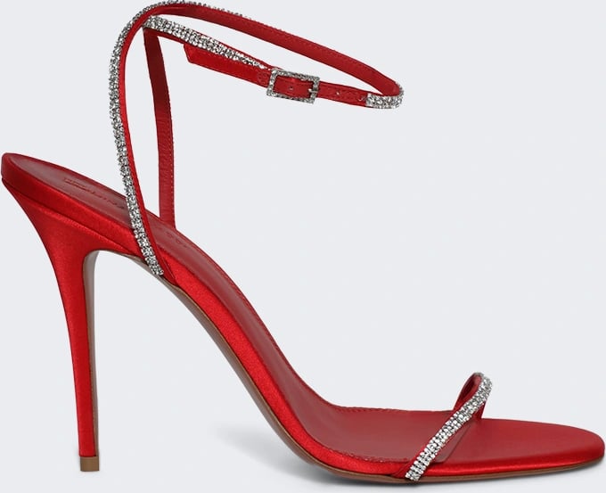 Amina Muaddi DIAMANTE CRYSTAL SANDAL SATIN RED