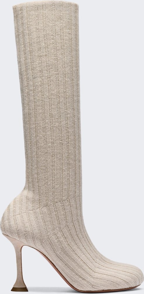 Amina Muaddi VENEDA STRETCH BOOT BEIGE FUZZY RIBBED KNIT