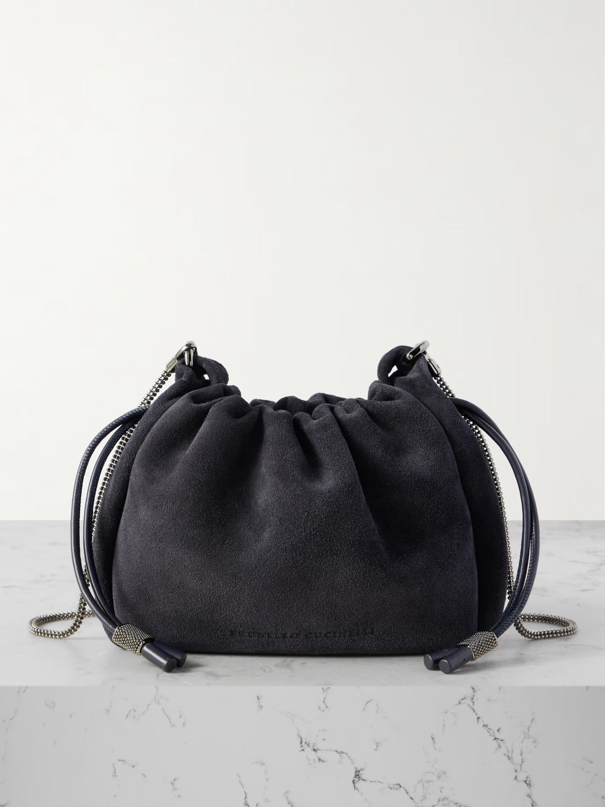 Brunello Cucinelli Small leather-trimmed bead-embellished suede shoulder bag
